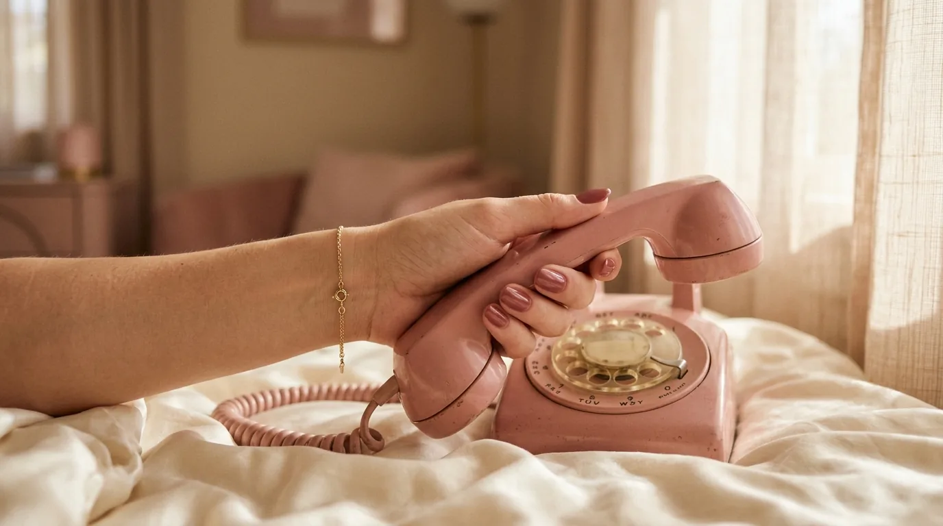 Beurette au tel — main aux ongles nude-rose de Naje tenant un téléphone vintage rose poudré, ambiance Cosy Intime