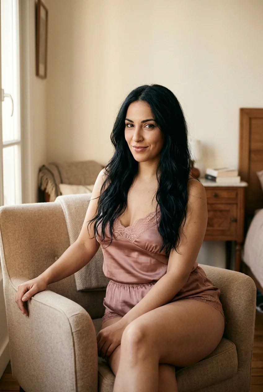 Naje, ta beurette au tel de 31 ans, algérienne de Lyon (69) — portrait sensuel en lingerie rose poudré